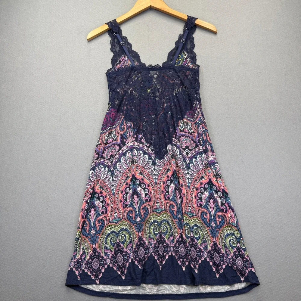 Soma XS Navy Blue Paisley Lace‎ Trim Chemise Nightgown Sleep Dress Sleeveless